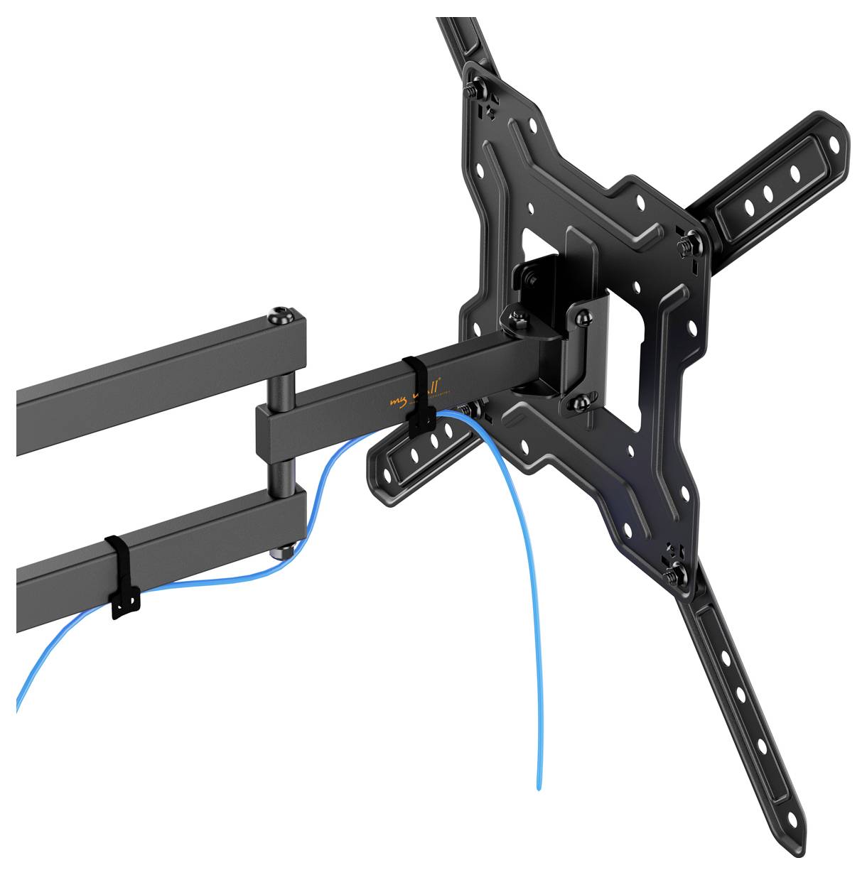 Tv-hez készült fali konzol, állítható karokkal és kábélkezelő rendszerrel, amely több pozicionálási lehetőséget kínál.