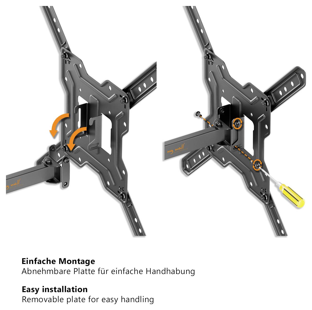 Könnyű telepítés: Eltávolítható lemez a könnyebb kezeléshez - ábrázolva szerelési konzol és összeszerelési folyamat képeivel, nyilakkal jelölt lépésekkel.