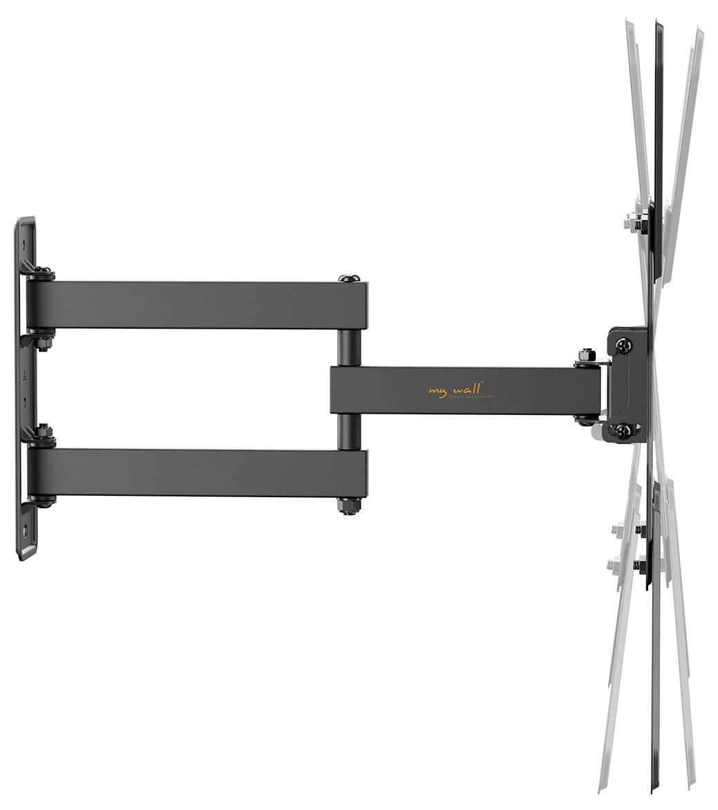 Falra szerelt fekete TV tartó állítható karokkal és dönthető funkcióval, amely kinyújtott helyzetben látható.