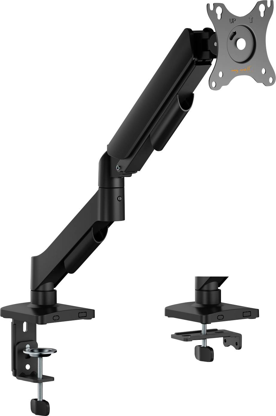 Állítható monitortartó kar, csatlóalap rögzítéssel, fekete színben, amely számítógépes képernyő tartásra és pozicionálására szolgál az asztalon.