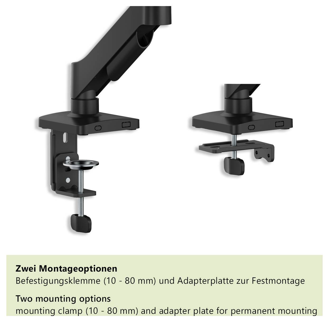 Két monitor rögzítési lehetőség látható: egy csipesz 10-80 mm-es felületekhez és egy adapter lemez állandó telepítéshez.