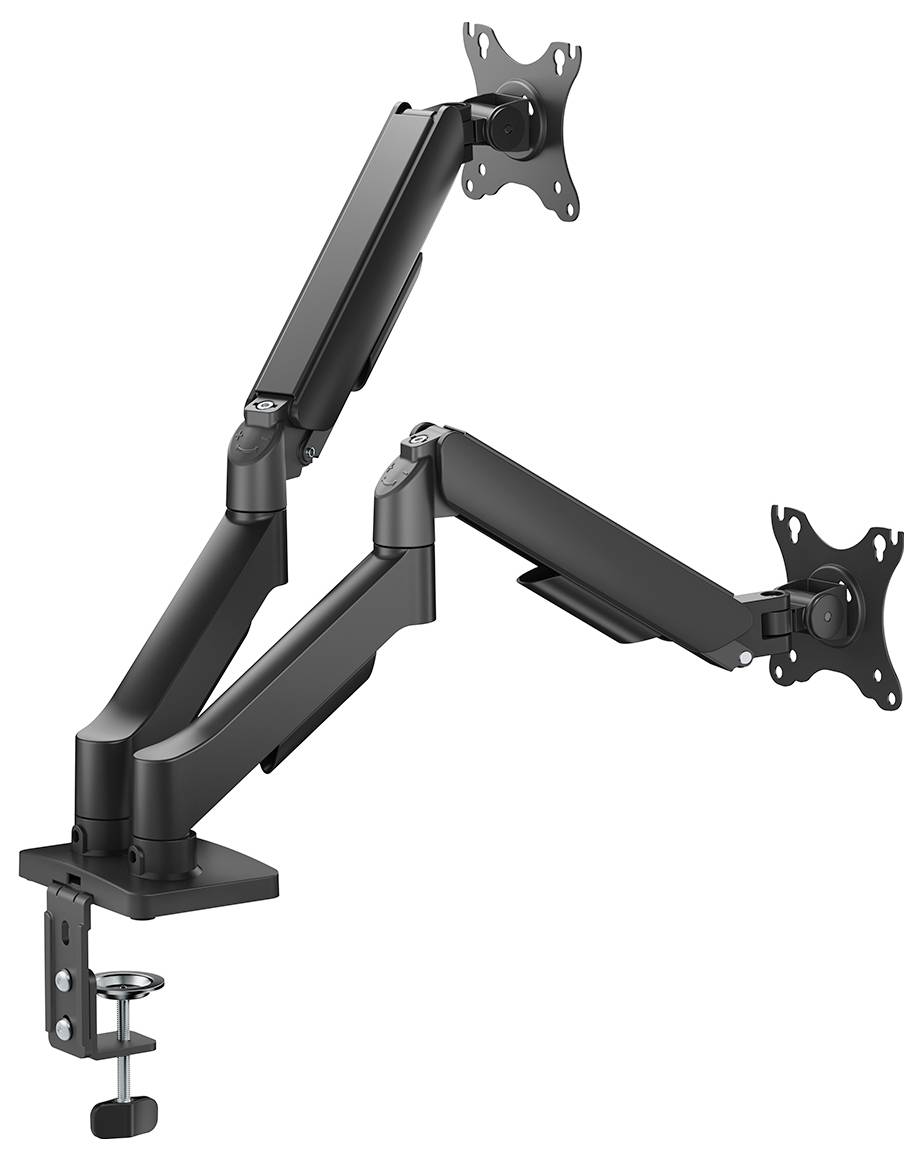 Kétkaros monitortartó állvány állítható csuklókkal és bilincsekkel az asztalhoz való rögzítéshez, amelyet két monitor biztonságos tartására terveztek.