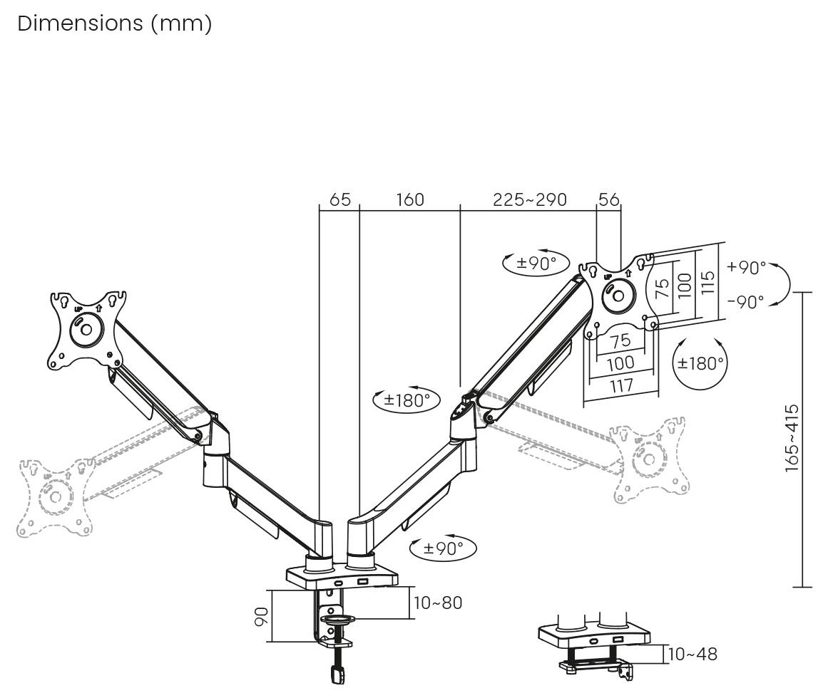 'Állítható kettős monitor karok diagramja milliméteres méretekkel, amelyek a magasságot, szélességet és forgási szögeket mutatják.'