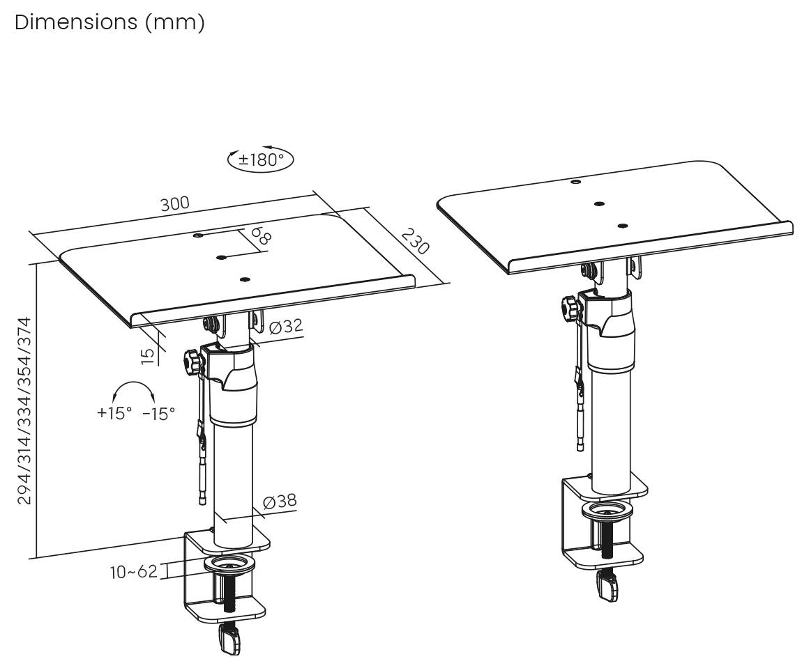 'Méretek (mm):' Két állítható asztal 300x230 mm méretekkel és 294-374 mm magassággal. A funkciók közé tartozik a ±180° forgás és a ±15° dőlés.