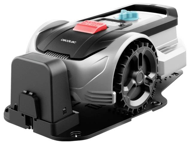 Egy robotfűnyíró, csinos kialakítással, nagy kerekekkel és a tetején elhelyezett vezérlőpanellel, automatizált fűnyírásra tervezve.