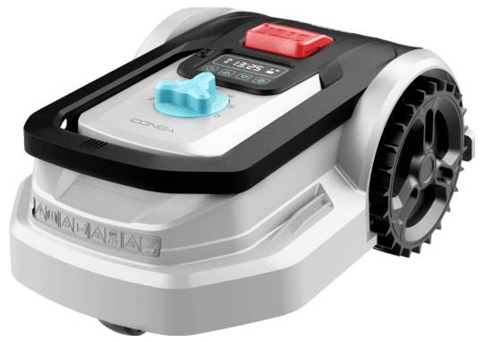 Fűnyírógép robot nagy kerékkel és felső vezérlőpanellel, piros vészzáró gombbal és kék navigációs forgatógombbal.