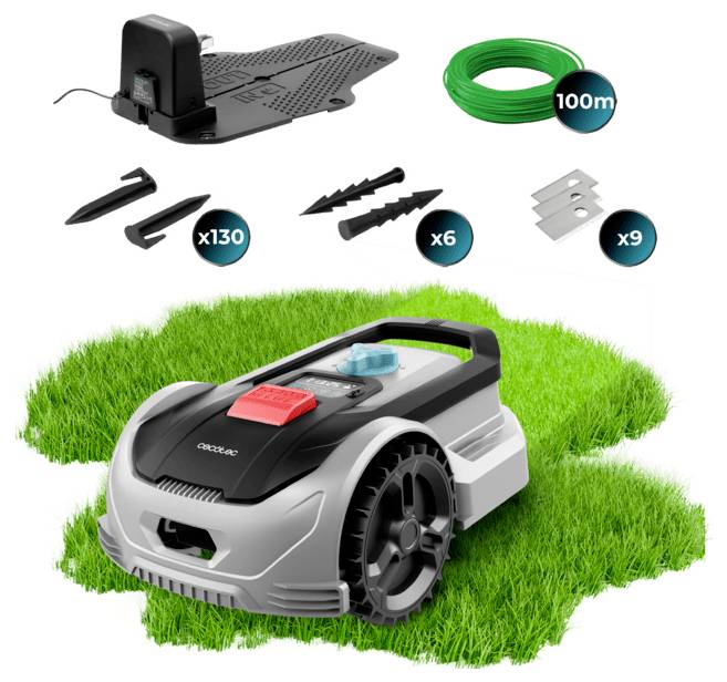 Egy robotikus fűnyíró gépet mutat a fűben, kiegészítőkkel: töltőállomás, határvonal-drót (100m), csapok (x130), csatlakozók (x6) és pengék (x9).