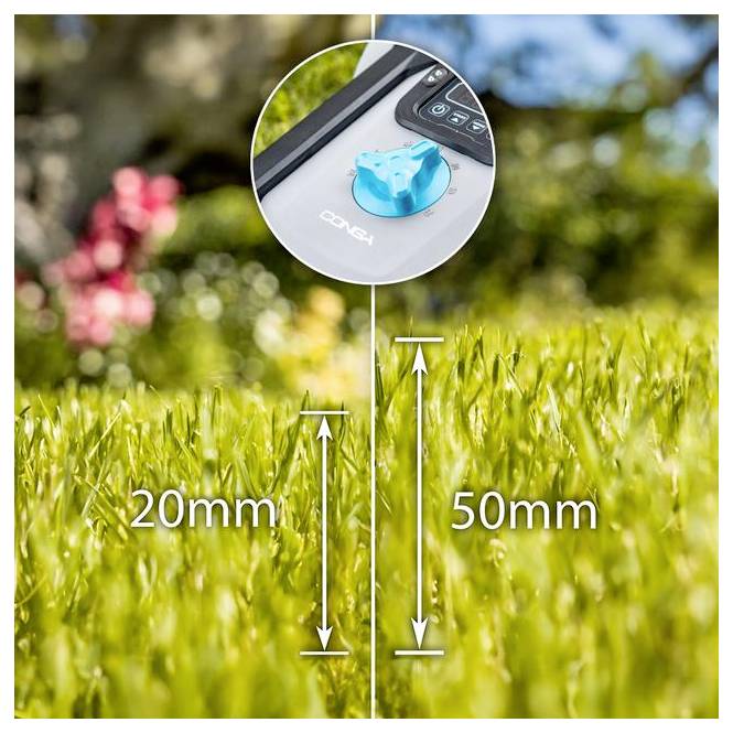 A fű közeli képe, amelynek beillesztésében egy fűnyírógép-szabályozó látható. Két fűszakasz 20 mm-es és 50 mm-es méretben van feltüntetve, amely a vágási magasságokat jelzi.