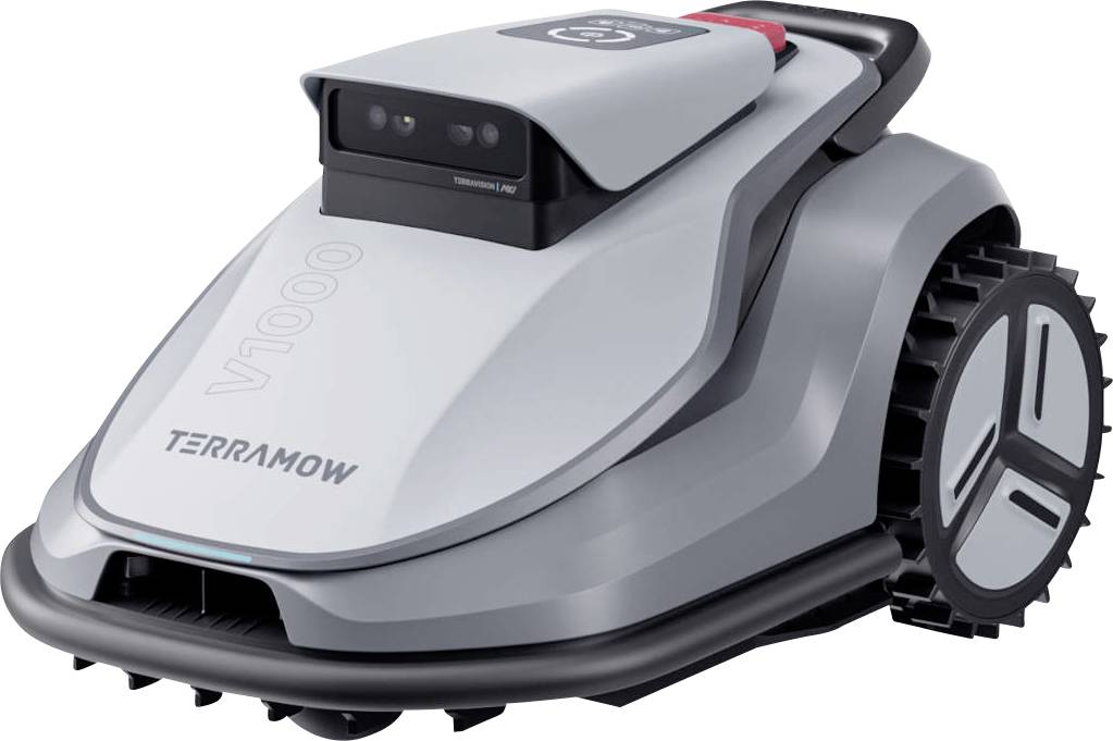 Kompakt robotikus fűnyírógép elegáns dizájnnal, amely 'TERAMOW V1000' felirattal rendelkezik, nagy kerekekkel és elöl felszerelt vezérlőpanellel.