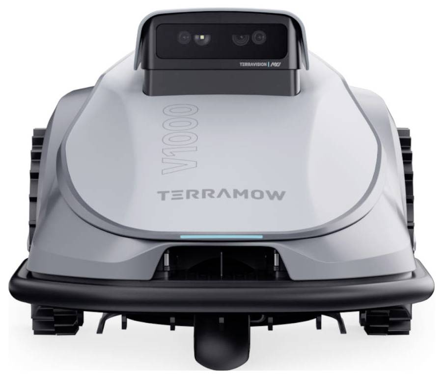 Egy "Terramow V1000" feliratú robotfűnyíró, sima, modern dizájnnal, elölnézetből.