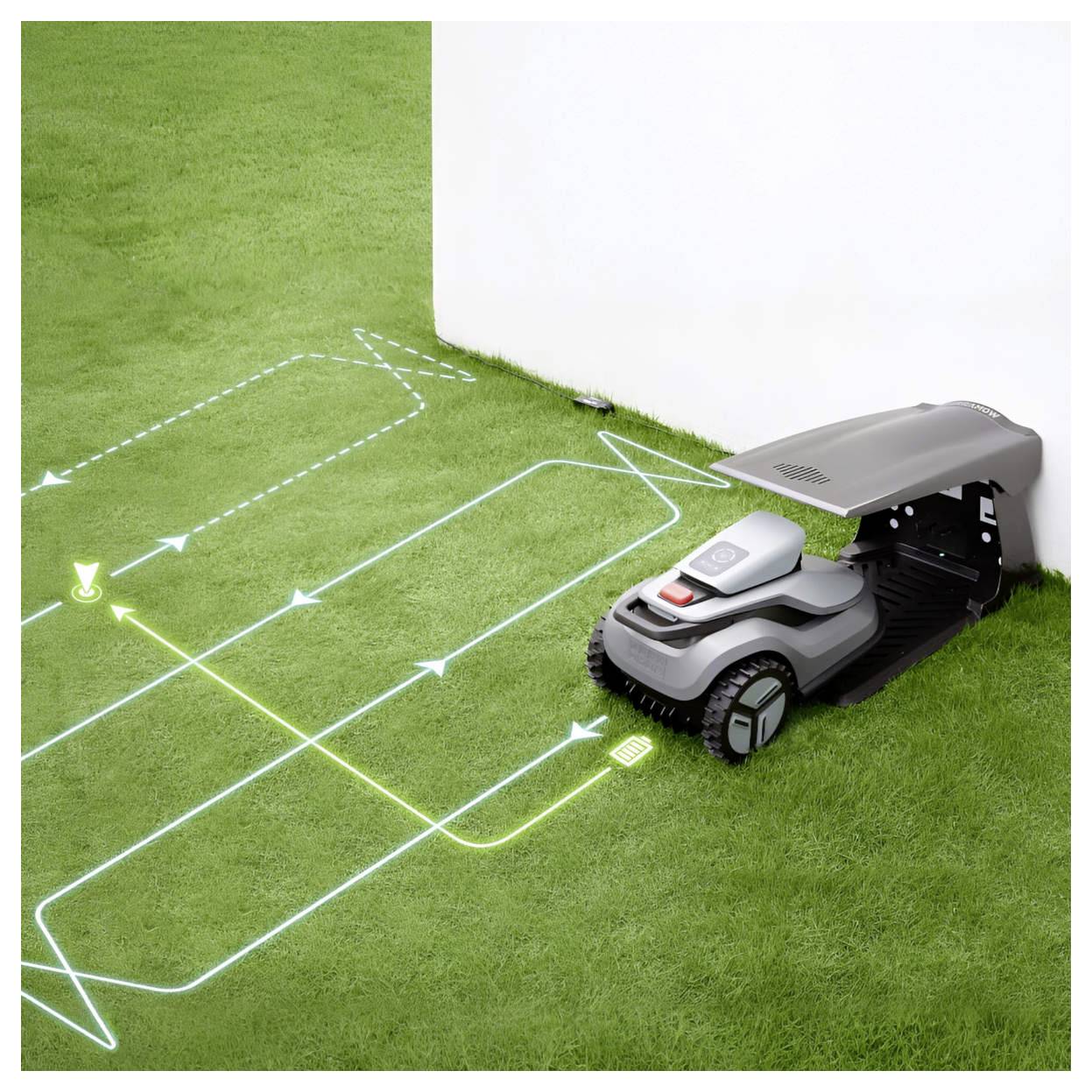 Egy robotfűnyíró egy fal mellett parkoló gépfüvön, amelynek digitális felhasználói felülete világoskék vonalakkal mutatja a fűnyírási útvonalat.
