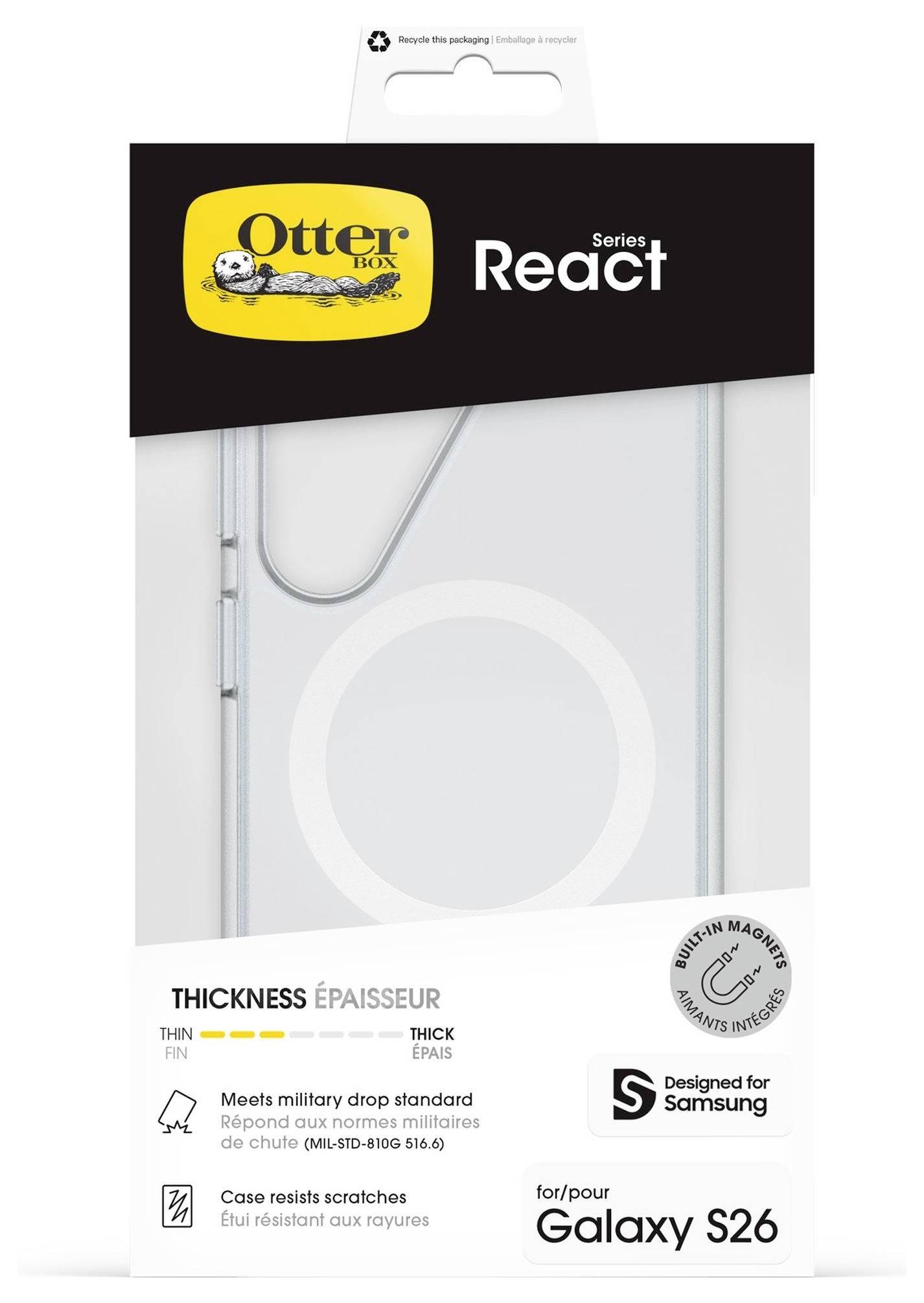 'Transzparens OtterBox React tok a Galaxy S26 készülékhez, katonai szintű ütésállósággal és karcolásmentesítéssel, Samsung-hoz tervezve.'