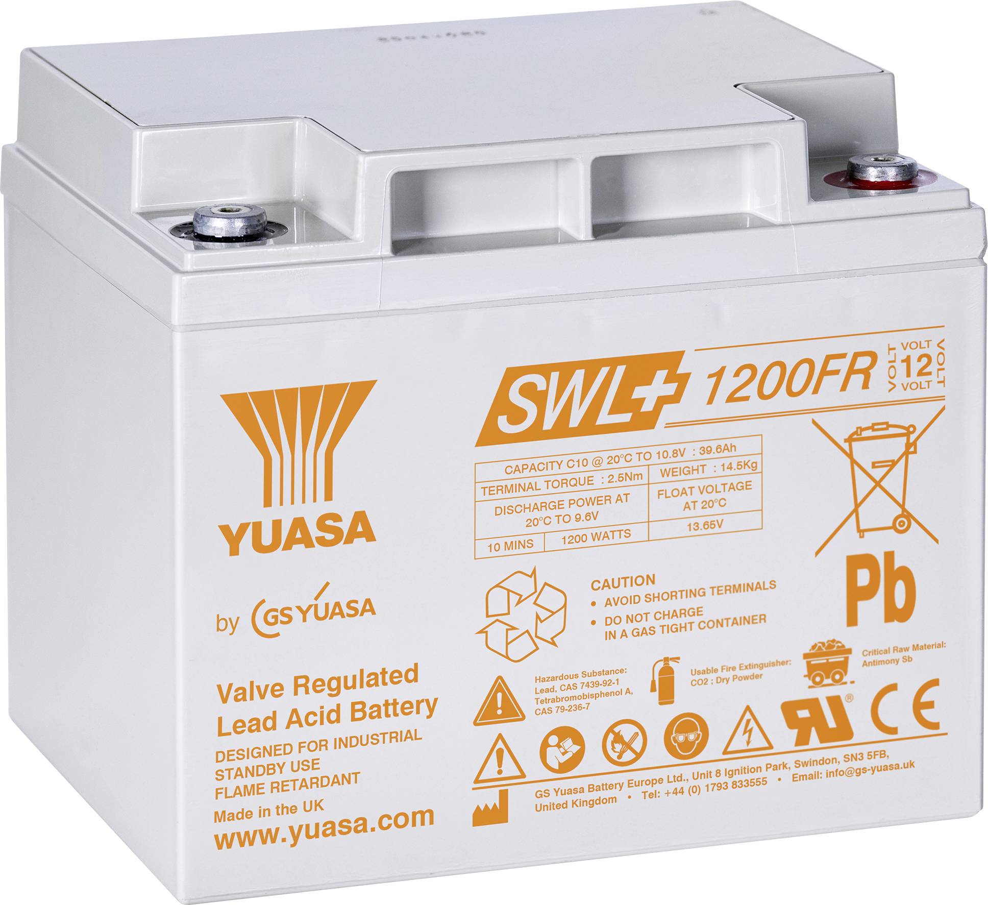 Fehér Yuasa szeleppel szabályozott ólom-savas akkumulátor narancs felirattal. Ipari készenléti használatra tervezett, 12 voltos, 51,6Ah kapacitás.