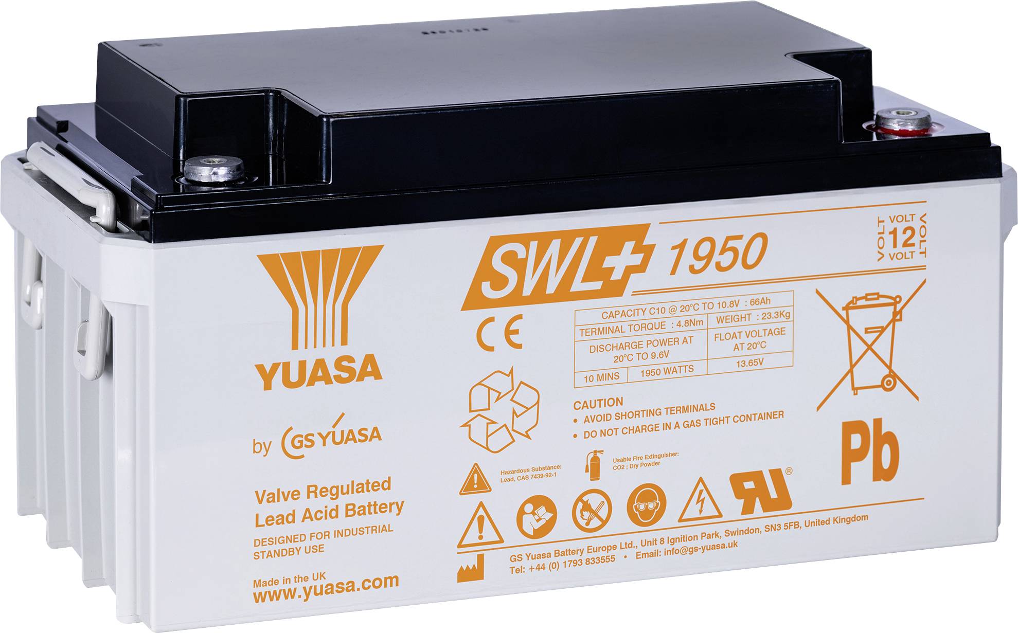 Egy fehér és fekete Yuasa SWL 1950 ólom-sav akkumulátor. A címke biztonsági szimbólumokat, feszültséget (12V), kapacitást (51Ah) és modellazonosítást mutat.