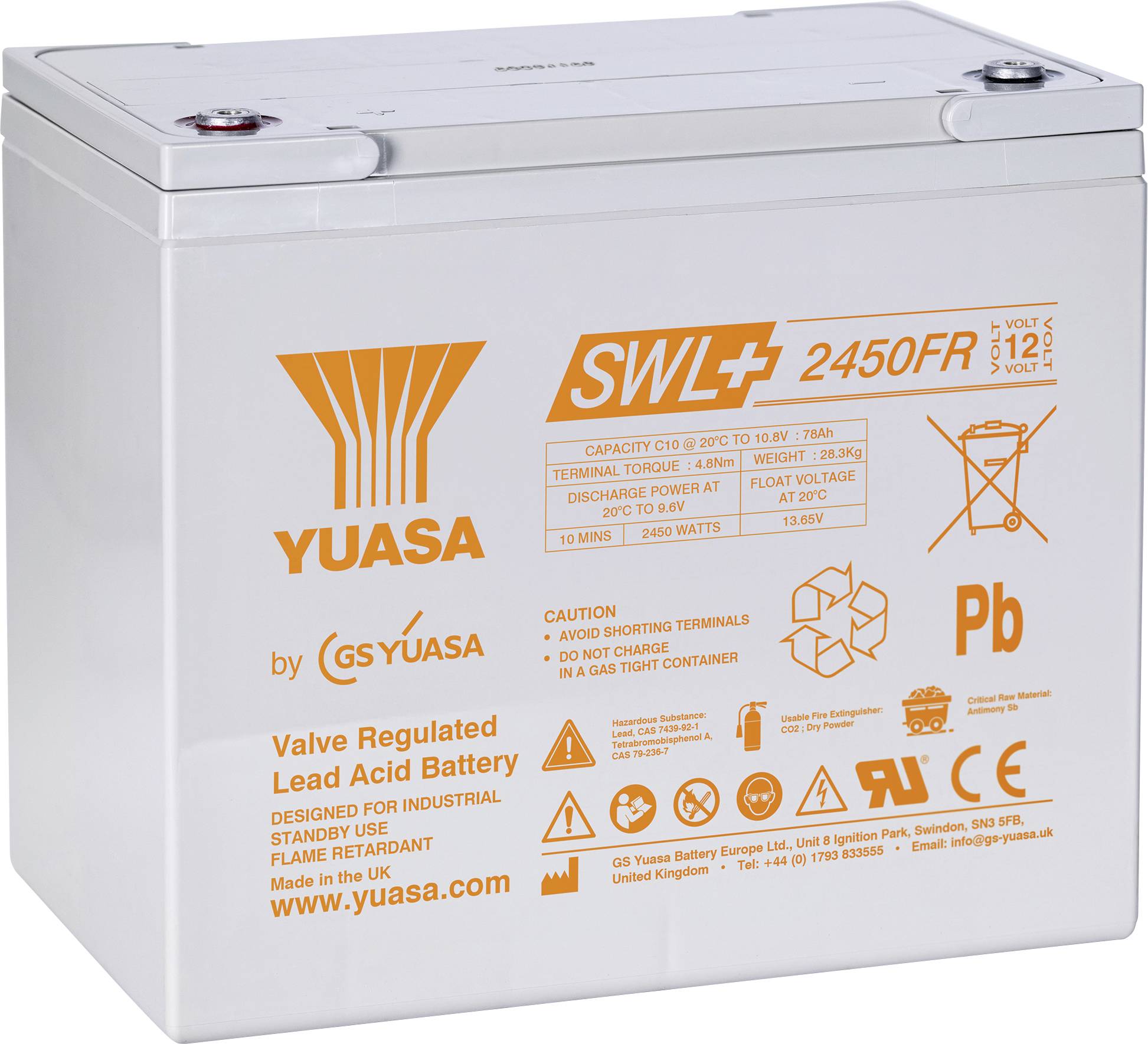 Egy fehér ólomcsalád akkumulátor "Yuasa SWL 2450FR" márkázással. A jellemzők közé tartozik a szelep szabályozás, a lángtűrés, 12V, és biztonsági figyelmeztetések.