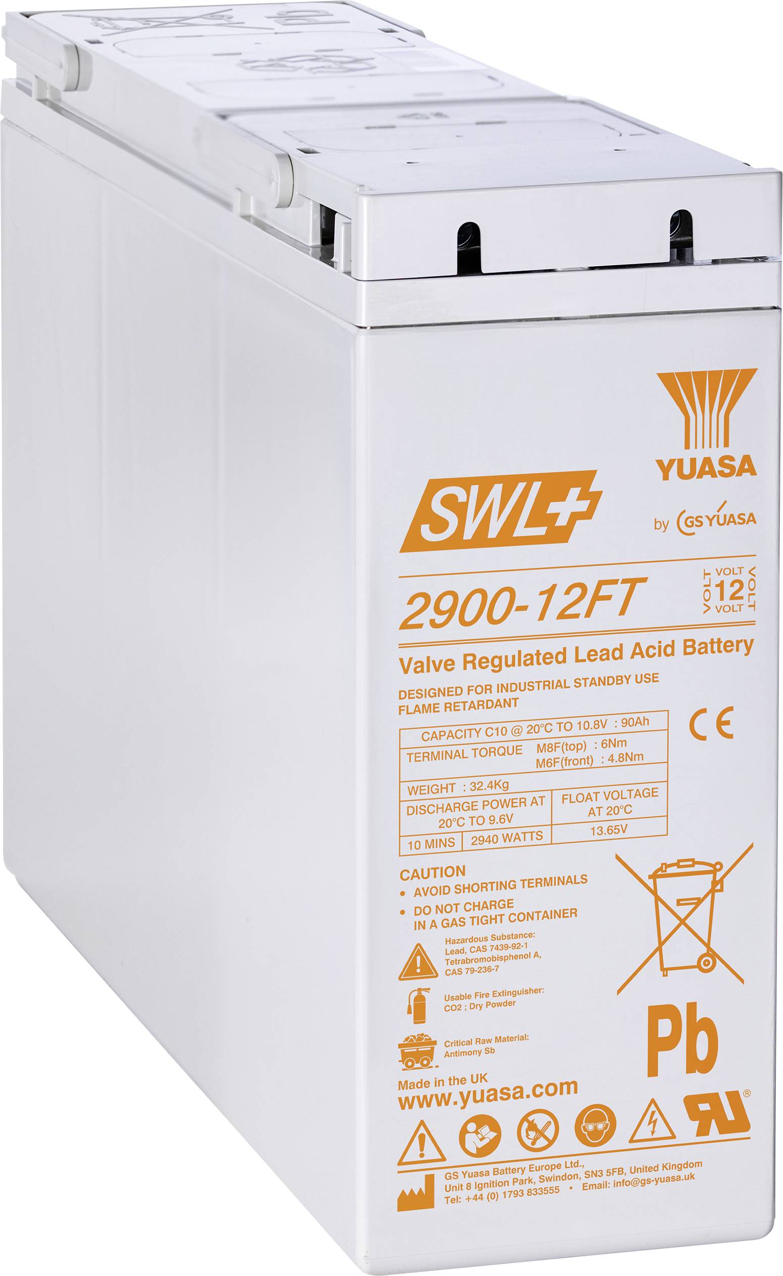 Az Yuasa SWL 2900-12FT szelep-szabályozott ólom-savas akkumulátor elölnézete a műszaki jellemzőkkel és biztonsági figyelmeztetésekkel a házán.