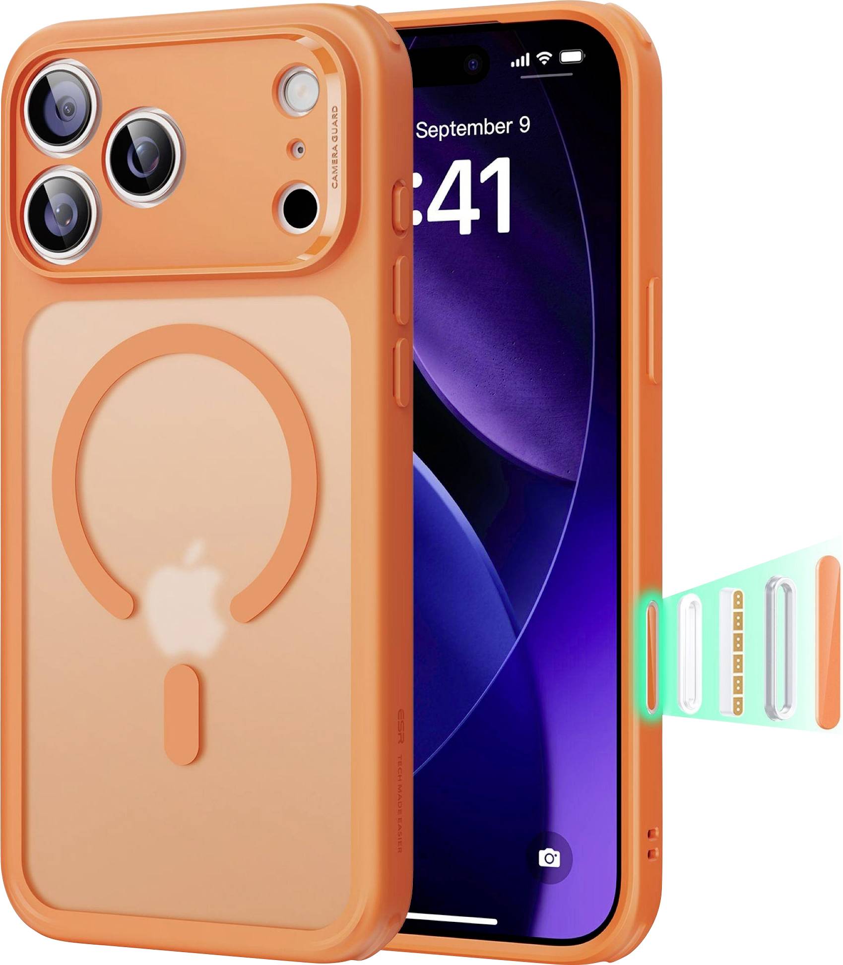 Egy narancssárga telefonvédő MagSafe dizájnnal, amely egy átlátszó hátlapot mutat az Apple logó látható, és egy részben látható okostelefon-kijelző mellett.