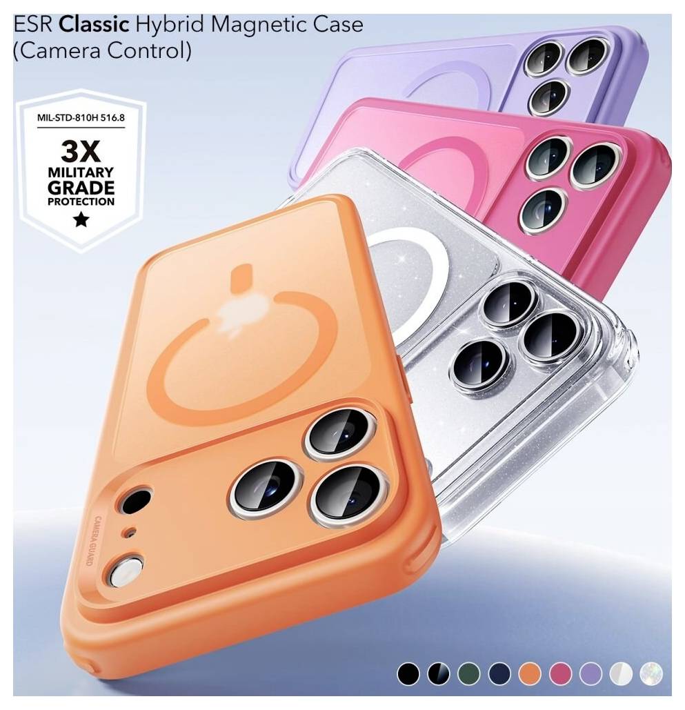 Négy okostelefon-tok különböző színekben és stílusban (narancssárga, lila, rózsaszín, átlátszó) van bemutatva, kiemelve a „3X katonai osztályú védelmet".