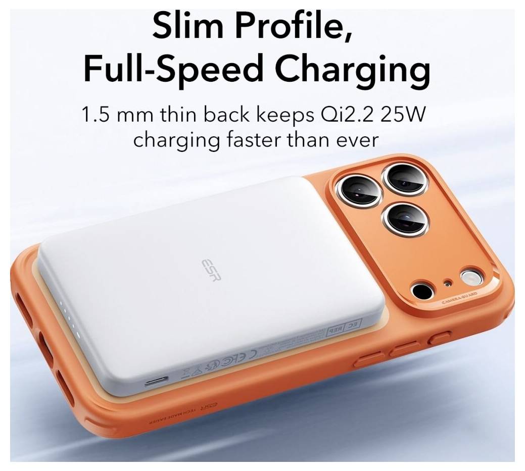 Narancssárga telefontokok, amelyhez vékony teljesítménytár csatlakozik, amely „Qi2.2 25W" felirattal van ellátva. A szöveg: „Vékony profil, teljes sebességű töltés", amely a hatékonyságot hangsúlyozza.