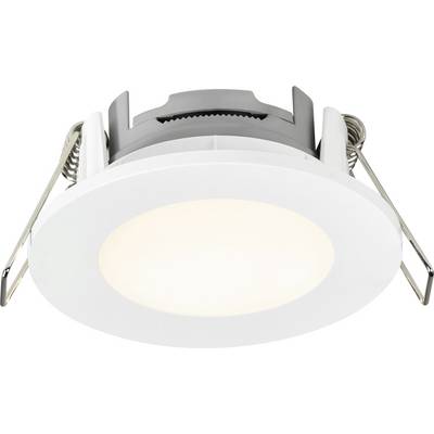 Kerek LED beépítésű lámpa fehér köpenyezéssel és fém rugócsipeszekkel, beépített mennyezetre történő felszerelésre tervezve.