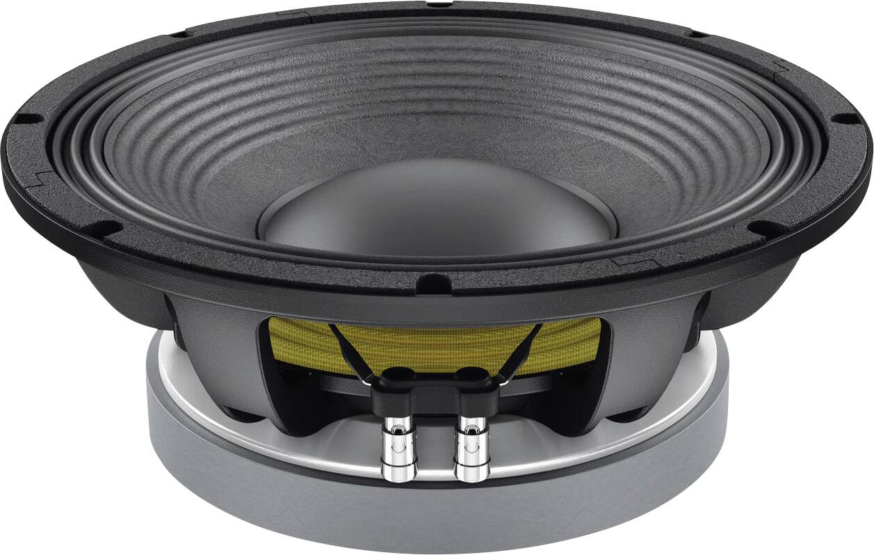 Alacsony szögből készült fénykép egy nagy fekete és szürke hangsugárzó membránról, sárga tekerccsel, egy hangeszköz alkatrészét ábrázoló képen.