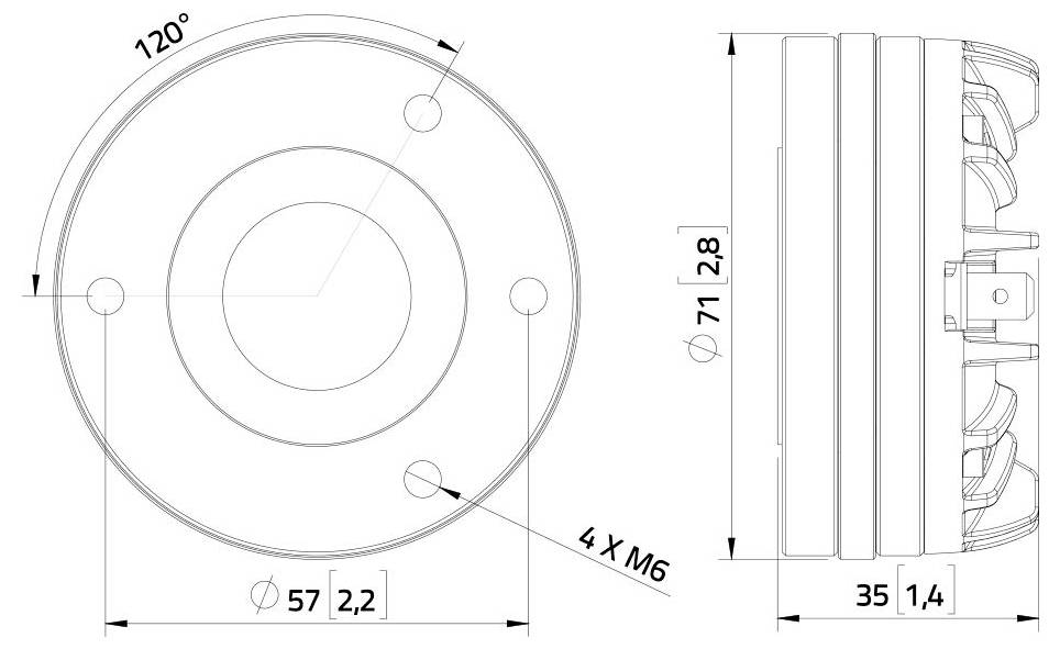 Hangszóró műszaki rajza. Elölnézet körös kialakítást mutat 4 rögzítési furattal, oldalnézet 71mm magasságot és 35mm mélységet jelenít meg.