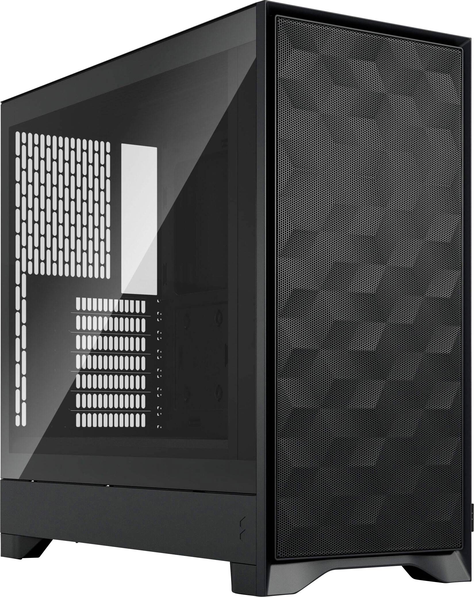 Fekete számítógépes ház hálós elülső panellel és átlátszó oldalpanellel, amely a hatékony légáramlásra és a belső alkatrészek bemutatására lett tervezve.