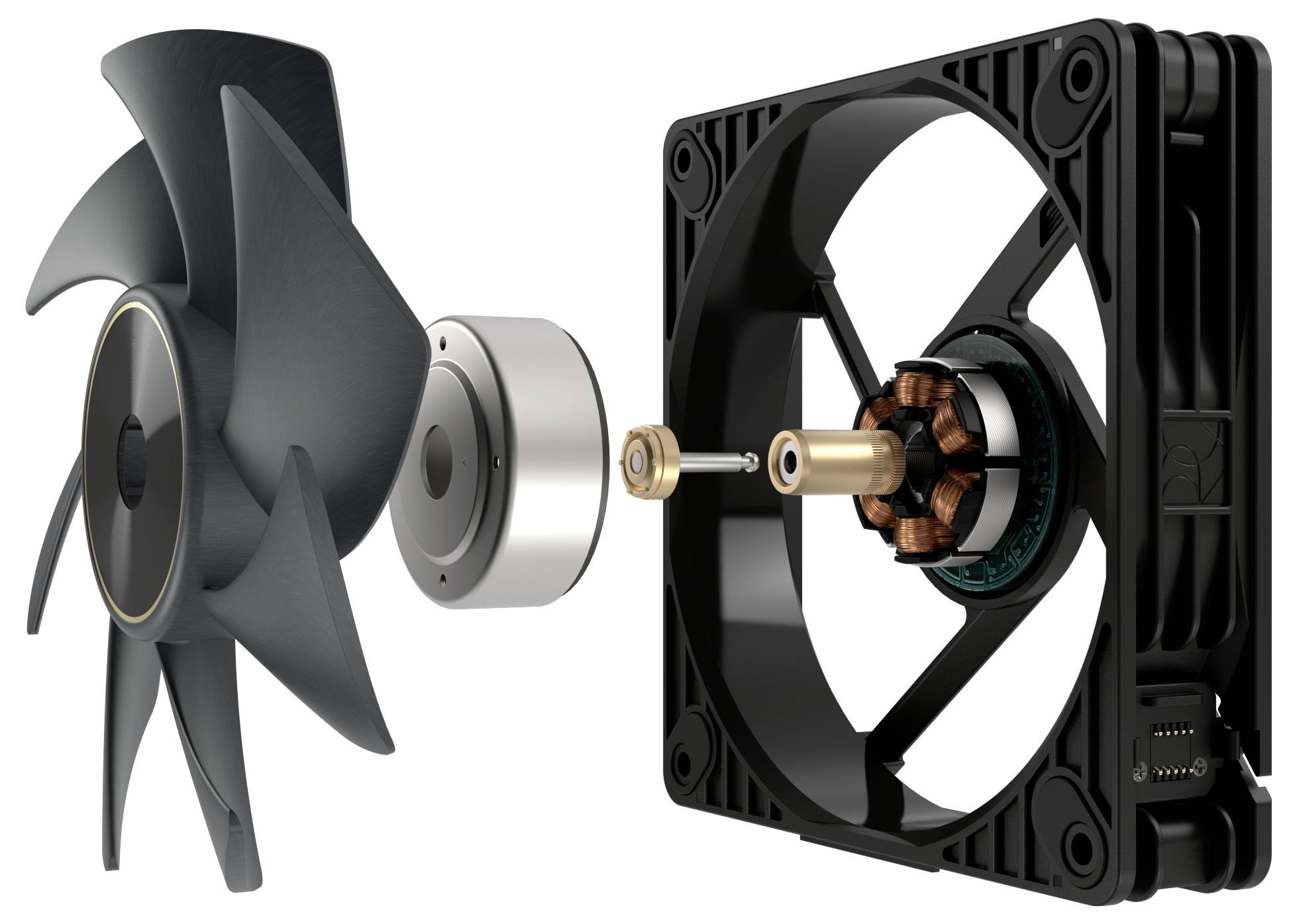Egy számítógépes ventilátor robbantott nézete, amely a lapátokat, a motor alkatrészeit és a keretet mutatja, szemléltetve az összeszerelést és a belső szerkezetet.