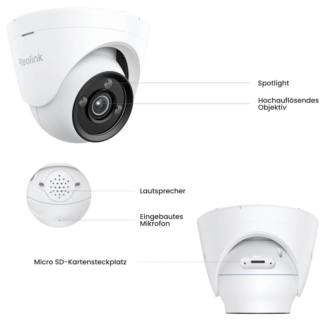 Biztonsági kamera spotlámpával, nagy felbontású lencsével, hangspeakerrel, beépített mikrofonnal és Micro SD-kártya nyílással.