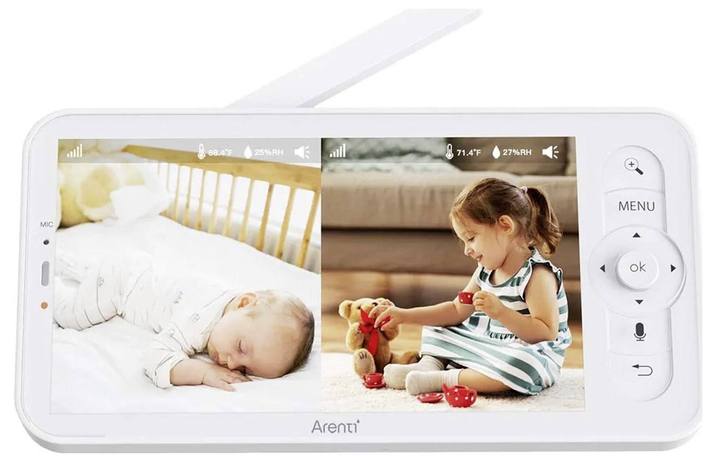 Osztott képernyős videómonitor, amely a bal oldalon egy alvó csecsemőt mutat egy kiságyban, a jobb oldalon pedig egy gyereket, aki játékokkal játszik.