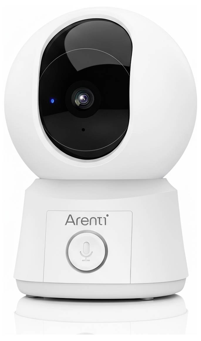 Otthoni biztonsági kamera fehér gömb alakú dizájnnal, középen található lencsével és beépített mikrofonnal az alapon.