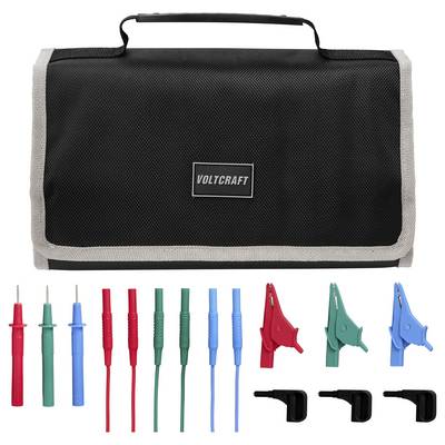 Voltcraft hordozótok asszortált tesztelő hívóvezetékekkel és krokodilcsipeszekkel piros, zöld, kék és fekete színben.
