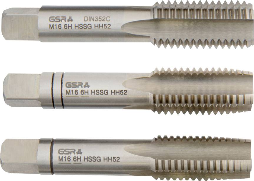 Három fémcsap, amelyek a következővel vannak jelölve: "GSR DIN352C M16 6H HSSG HH52" - különálló spirális menettel a anyagok csavarásához vagy menetformázásához.