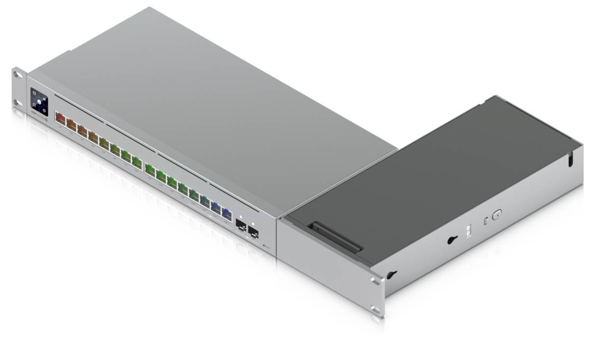 Egy ezüst hálózati csatoló több színes Ethernet porttal és egy csúsztatható fedéllel, amely moduláris csatlakozási képességet jelez.