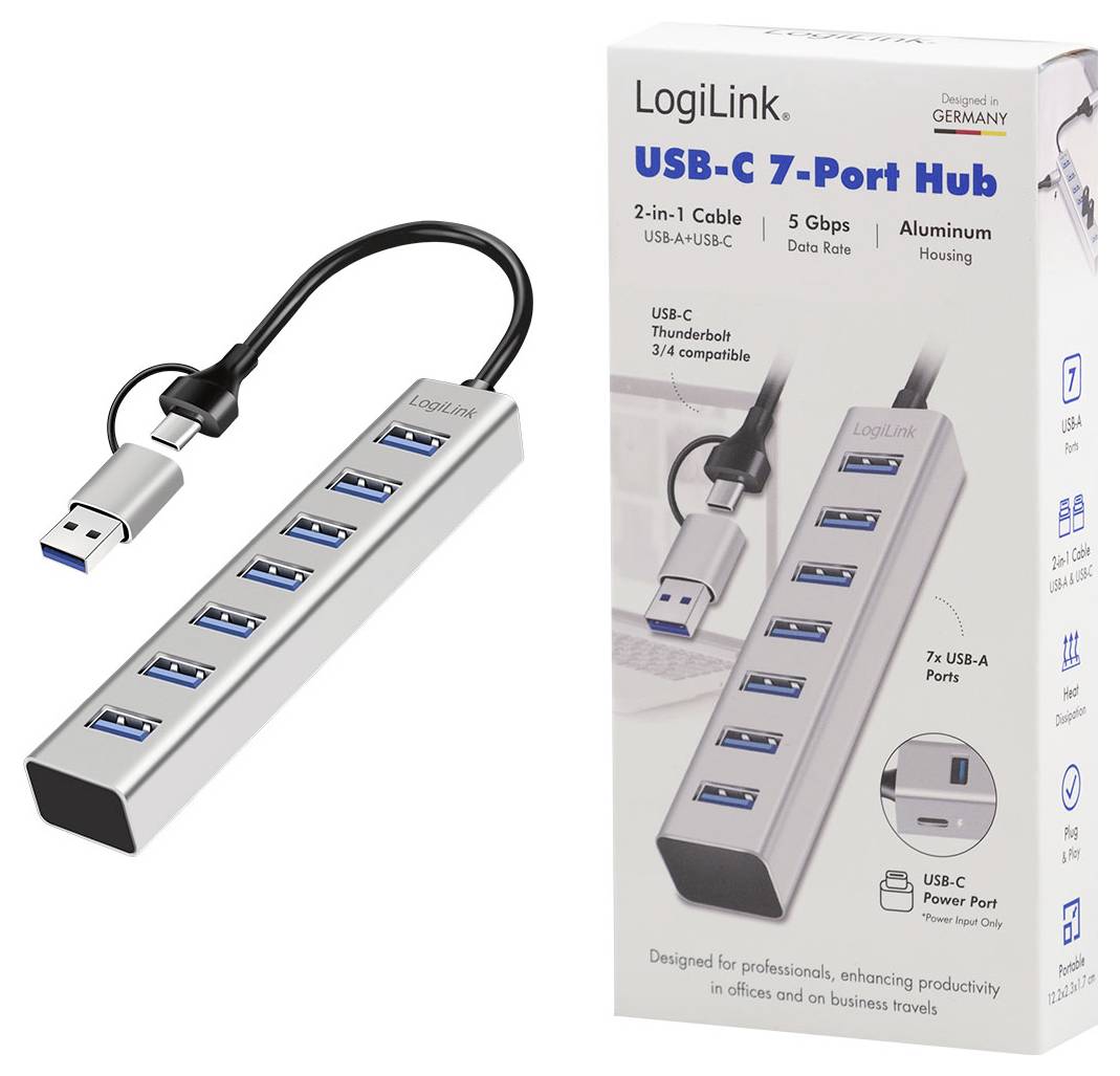 LogiLink USB-C 7 portos hub 2 az 1-ben USB-C/USB-A kábellel és alumínium házatással, amely a kereskedelmi csomagolásával együtt látható.