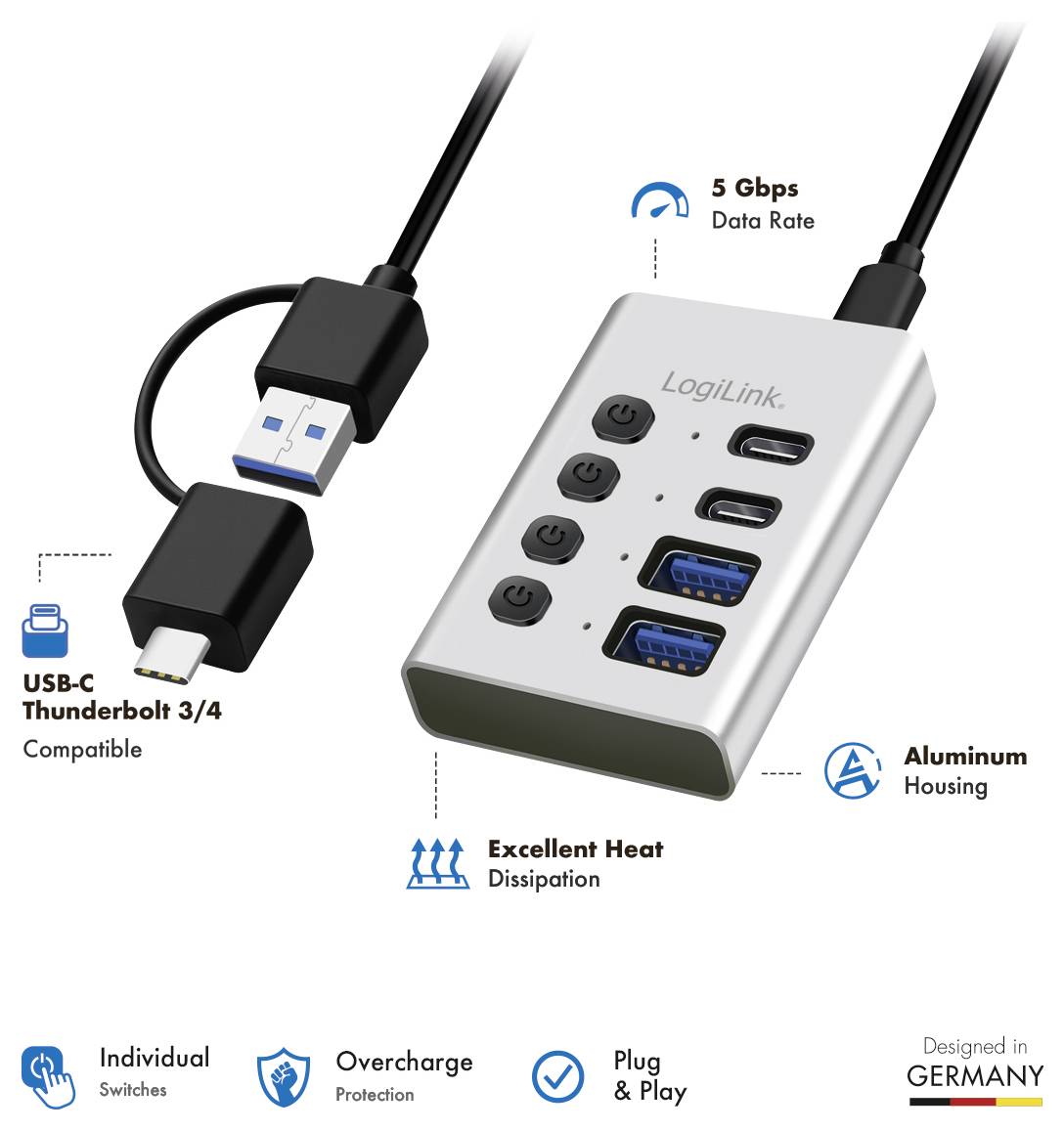 LogiLink USB-C Thunderbolt 3/4 hub 5 Gbps adatátviteli sebességgel, alumínium házasággal, hőelnyeléssel, túltöltés-védelemmel és plug-and-play támogatással.