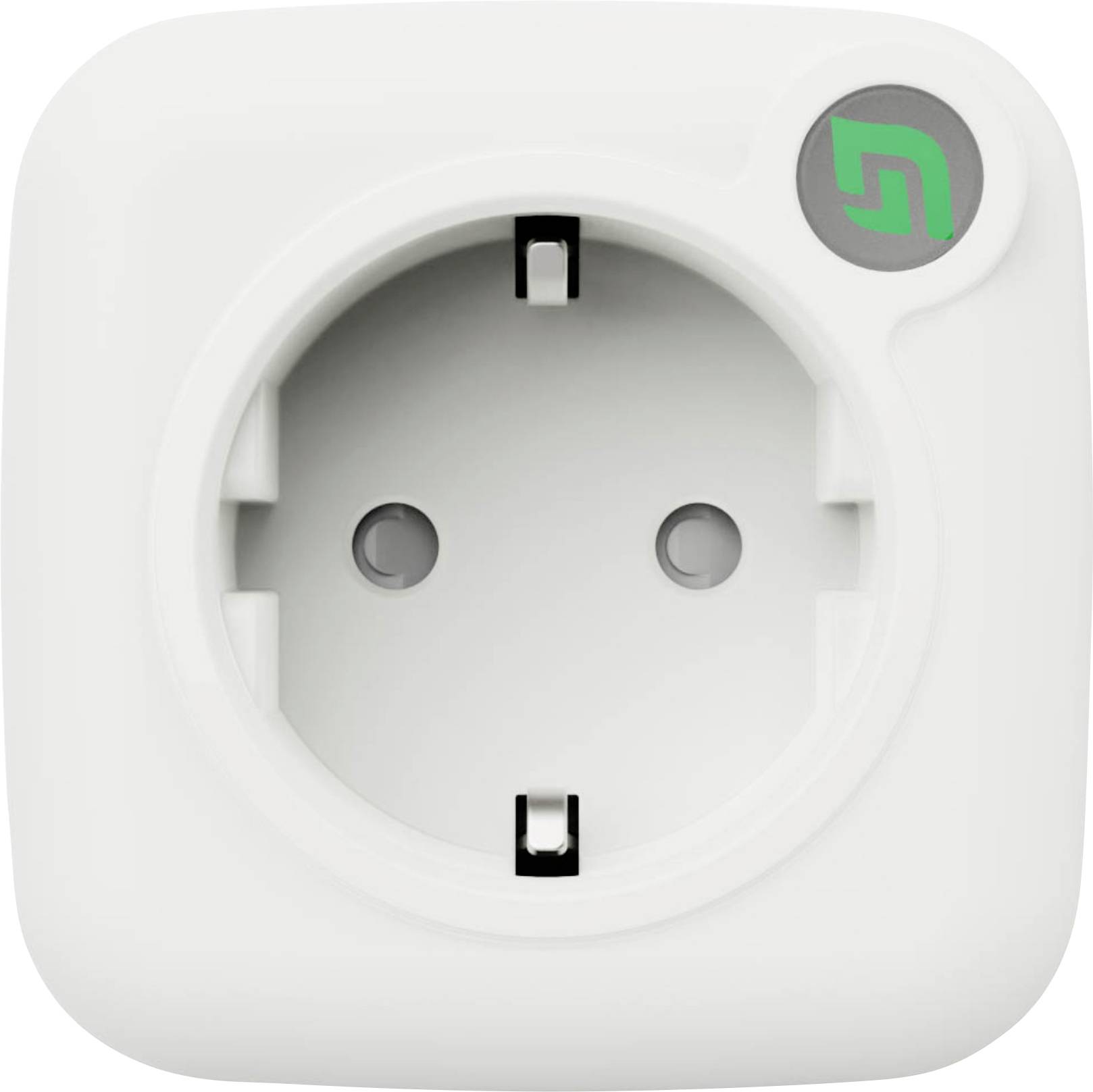 Egy fehér elektromos aljzat két kerek lyukkal és egy kis zöld logóval a jobb felső sarokban.