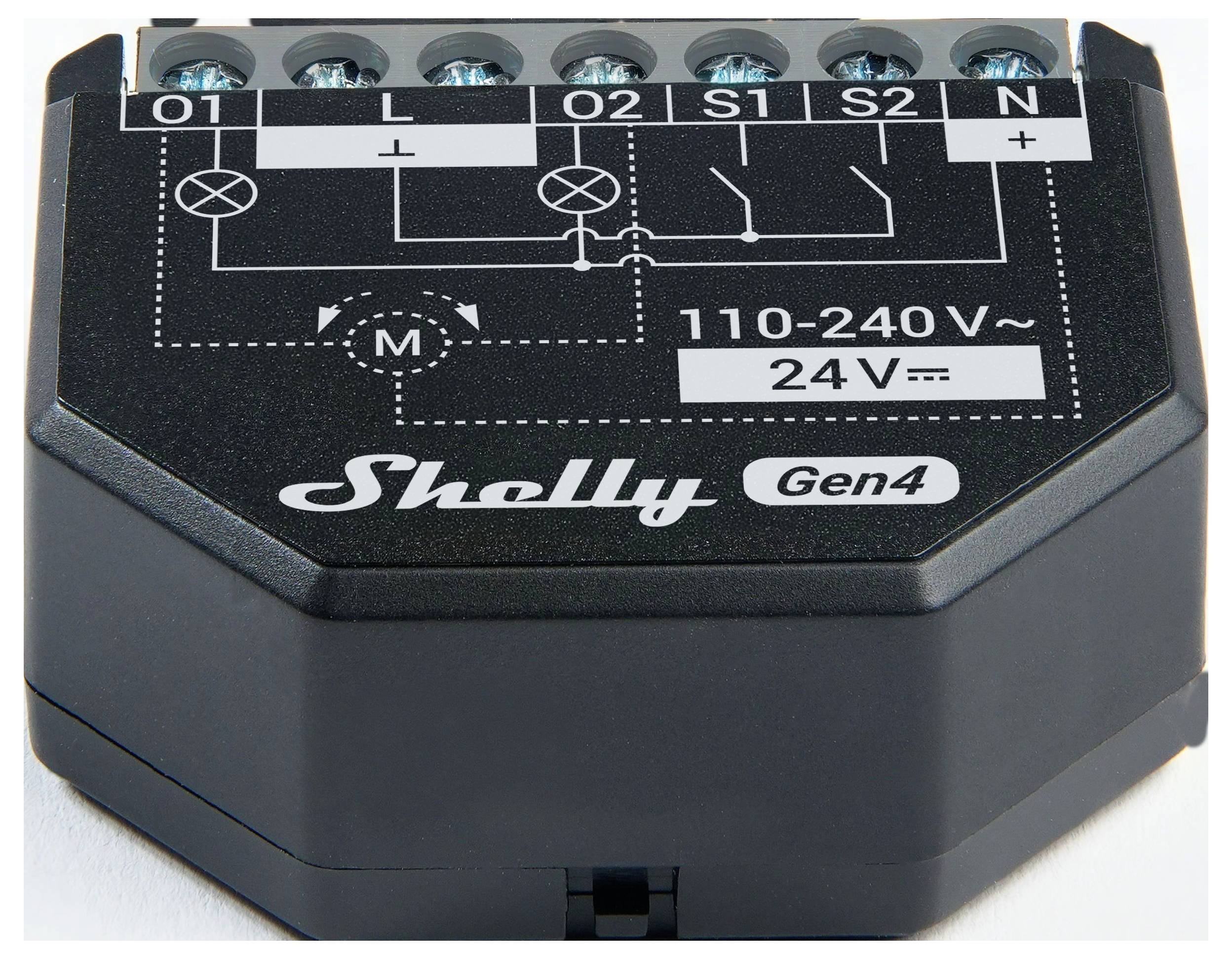 'Black Shelly Gen4 intelligens relé eszköz elektromos áramkörök csatlakoztatásához, 110-240V és 24V terminálcsatlakozások megjelenítésével.'