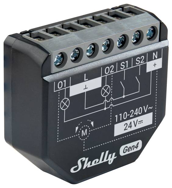 Intelligens otthon eszköz kapcsolási diagramot és címkézett vezeték csatlakozókat ábrázoló, 110-240V és 24V feszültség specifikációkkal, Shelly Gen4 márkájú.