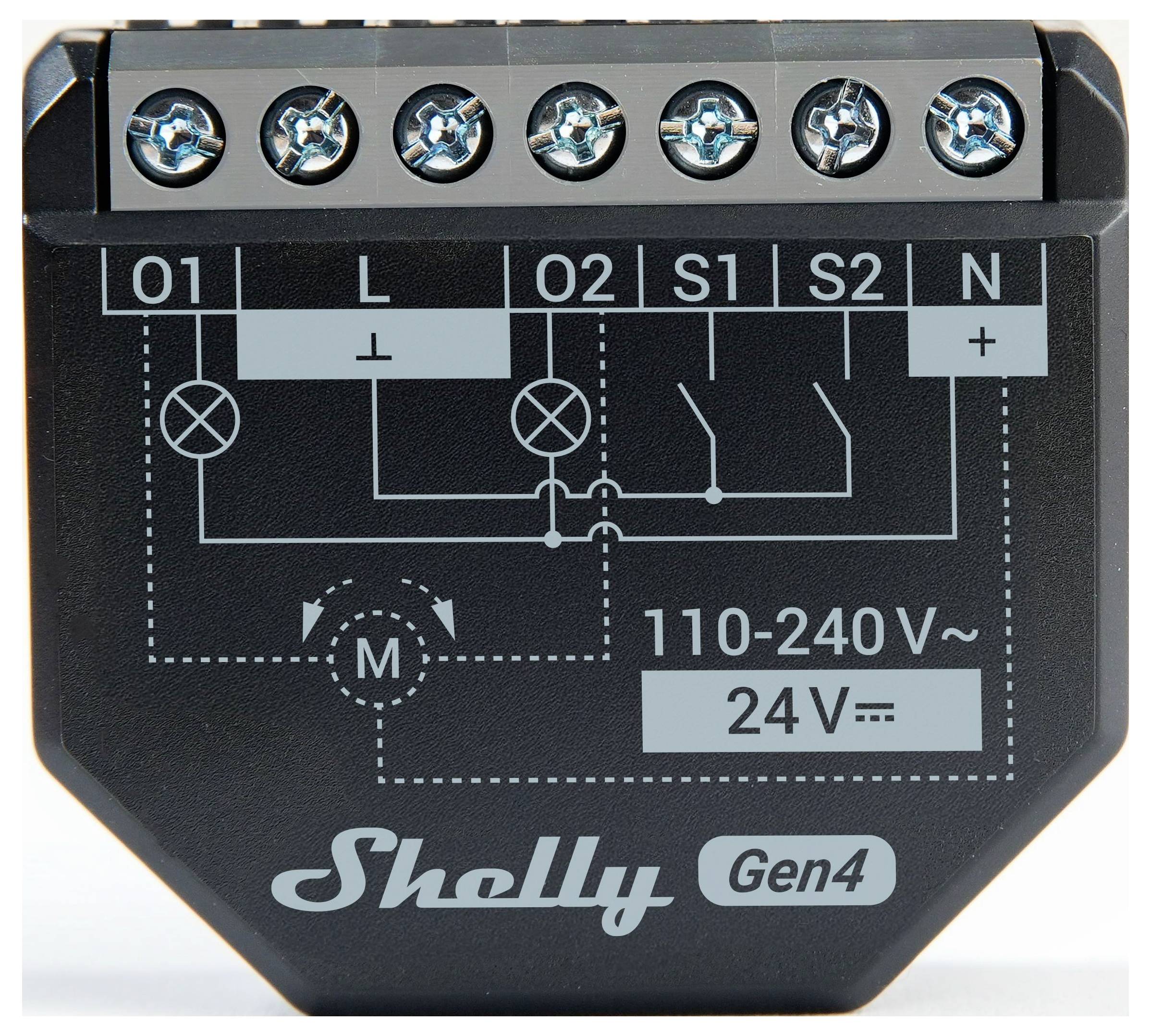 „Fekete elektronikus eszköz Shelly Gen 4 jelöléssel, csatlakozási kapcsokkal és vezetékezési diagrammal 110-240V AC és 24V DC bemenetek számára."