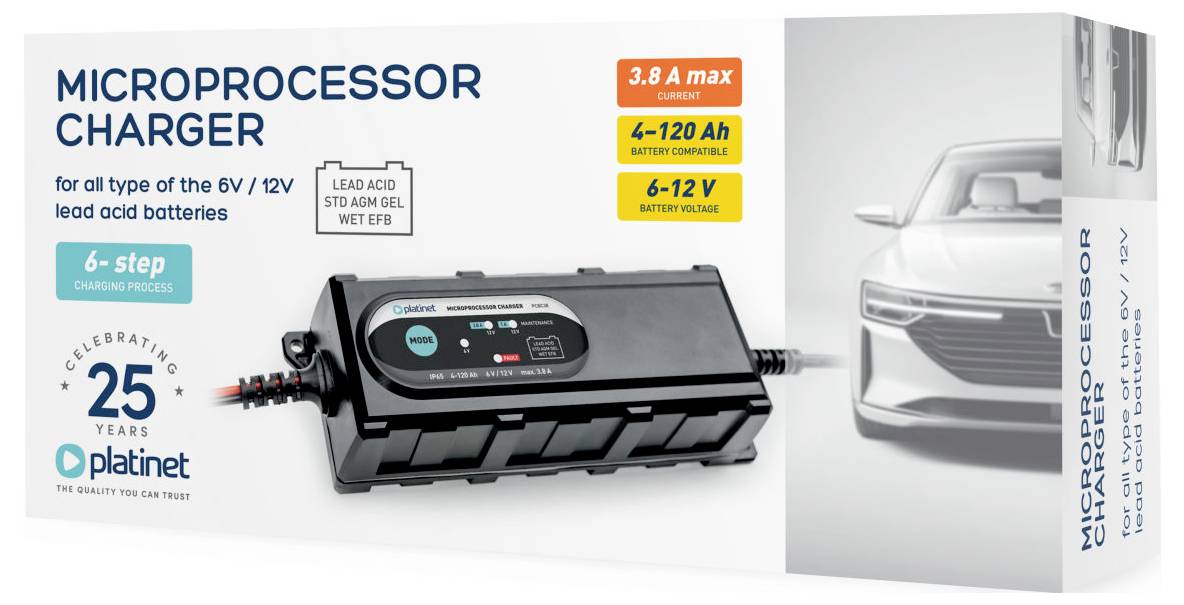 "Mikroprocesszor Töltő" doboz autó és töltő képével, kiemelve a jellemzőket: 6-12V, ólom-savas akkumulátorok, maximum 3.8A, 6 lépéses folyamat.