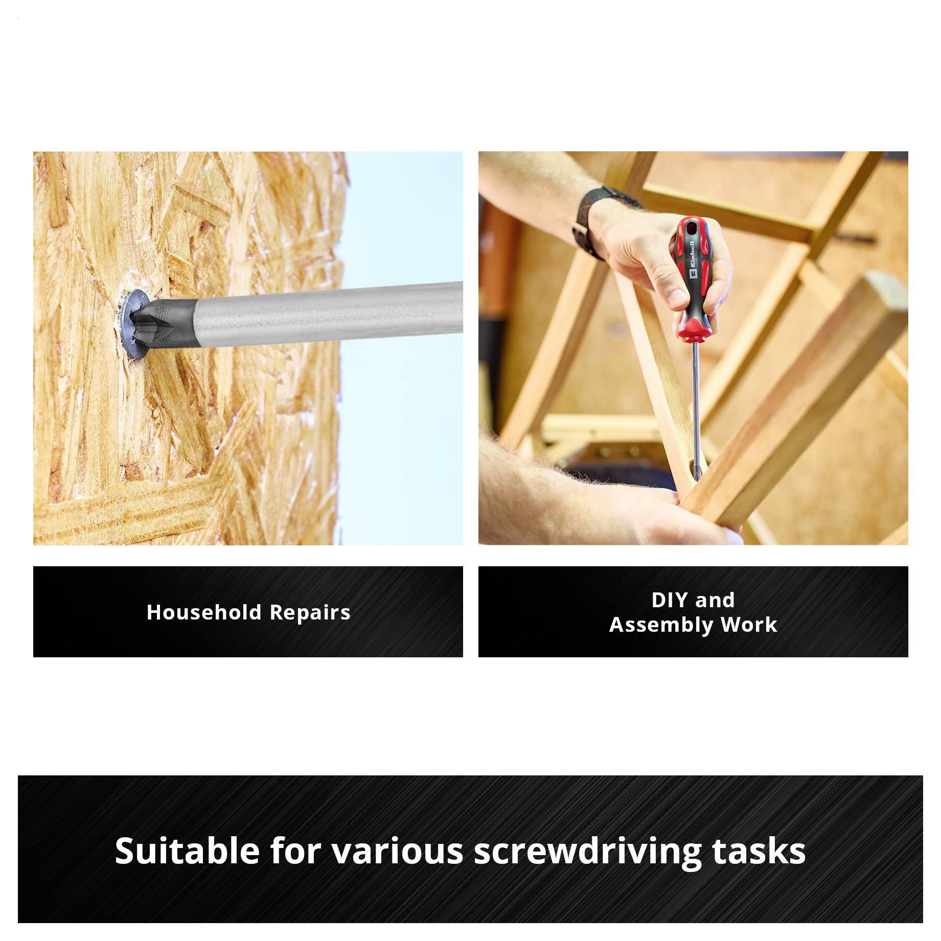 Reklámgrafika csavarhúzóval: baloldal csavar a fában, jobboldal szerelési munka; szöveg: 'Háztartási javítások', 'DIY- és szerelési munkák', 'Alkalmas különféle csavarásokhoz'.