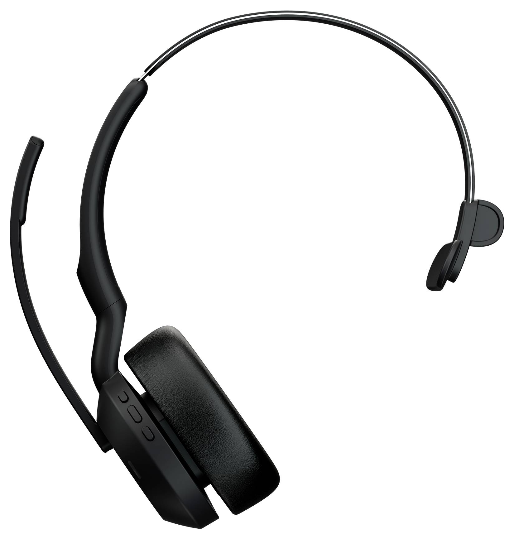Fekete fejre helyezhető wireless headset mikrofon lábbal fehér háttéren.
