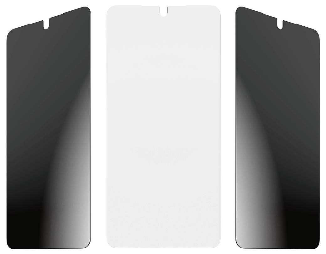Három smartphone képernyő egymás mellett, ahol a bal és jobb oldali fekete adatvédelmi szűrőket mutat, a közepén pedig egy tiszta képernyő látható.