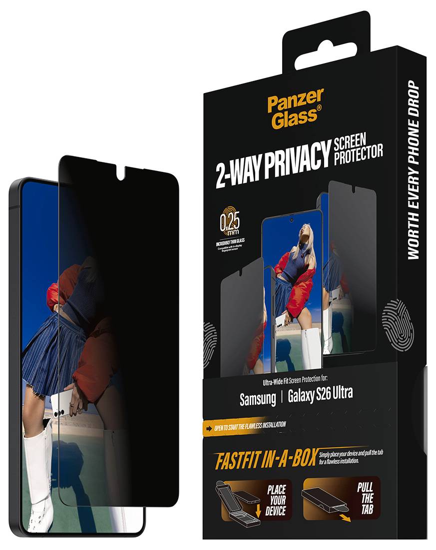 "Panzer Glass" 2 irányú adatvédelmi képernyővédő Samsung Galaxy S26 Ultra-hoz, amely kiemeli a termék adatvédelmi funkcióját.