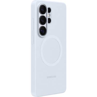 Fehér smartfon tok négy lencséhez készült kamera kivágással és kör alakú dizájnnal a hátoldalon, amely megjeleníti a Samsung logót.