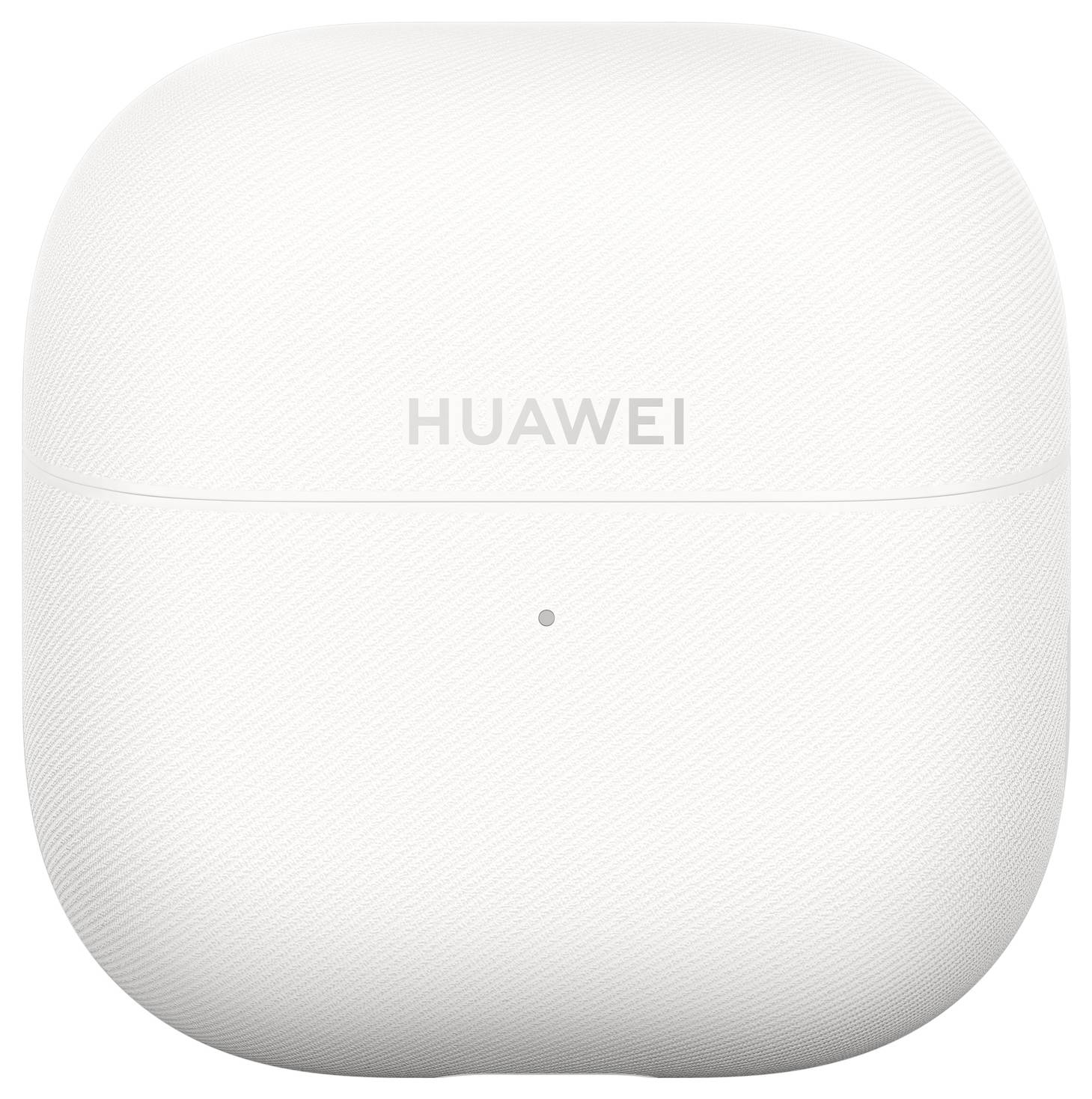 Fehér vezeték nélküli fülhallgató tok a "HUAWEI" logóval az elején.