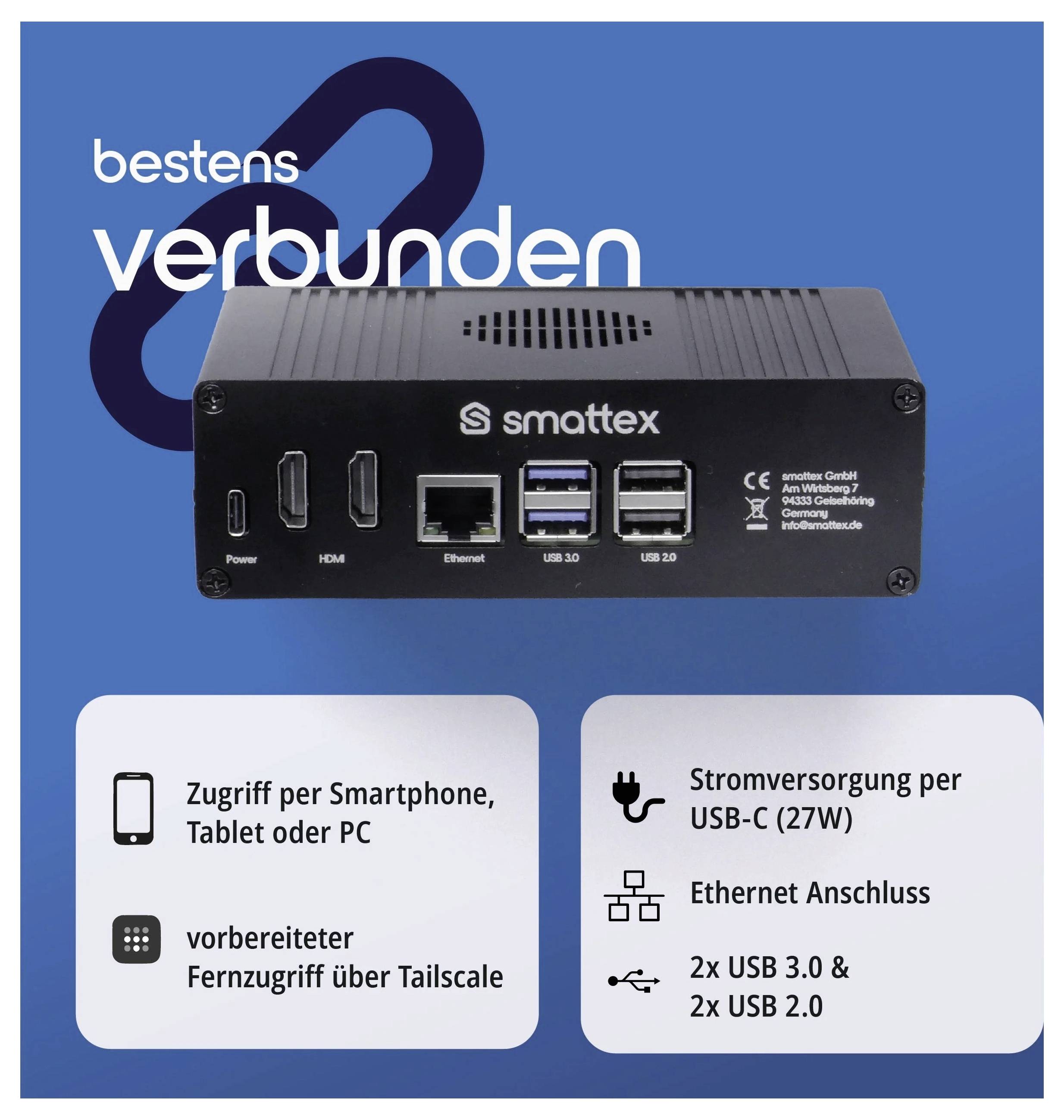 Fekete elektronikus eszköz HDMI, Ethernet és USB portokkal, kék háttér előtt a következő szöveggel: kiválóan csatlakoztatva. Funkciók: Okostelefon/Tablet/PC hozzáférés, távoli hozzáférés, USB-C tápellátás, Ethernet, USB lehetőségek.