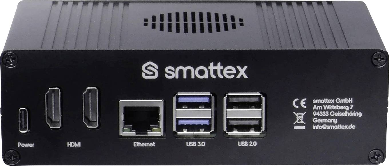 Egy fekete elektronikus eszköz HDMI, Ethernet, USB 3.0 és USB 2.0 portokkal jelölt csatlakozásokkal; tartalmaz márkaloggót és kapcsolattartási információkat.
