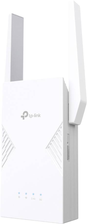Fehér TP-Link Wi-Fi jelerősítő két állítható antennával, függőleges kialakítással és jeljelzés-erősség kijelzőfényekkel.